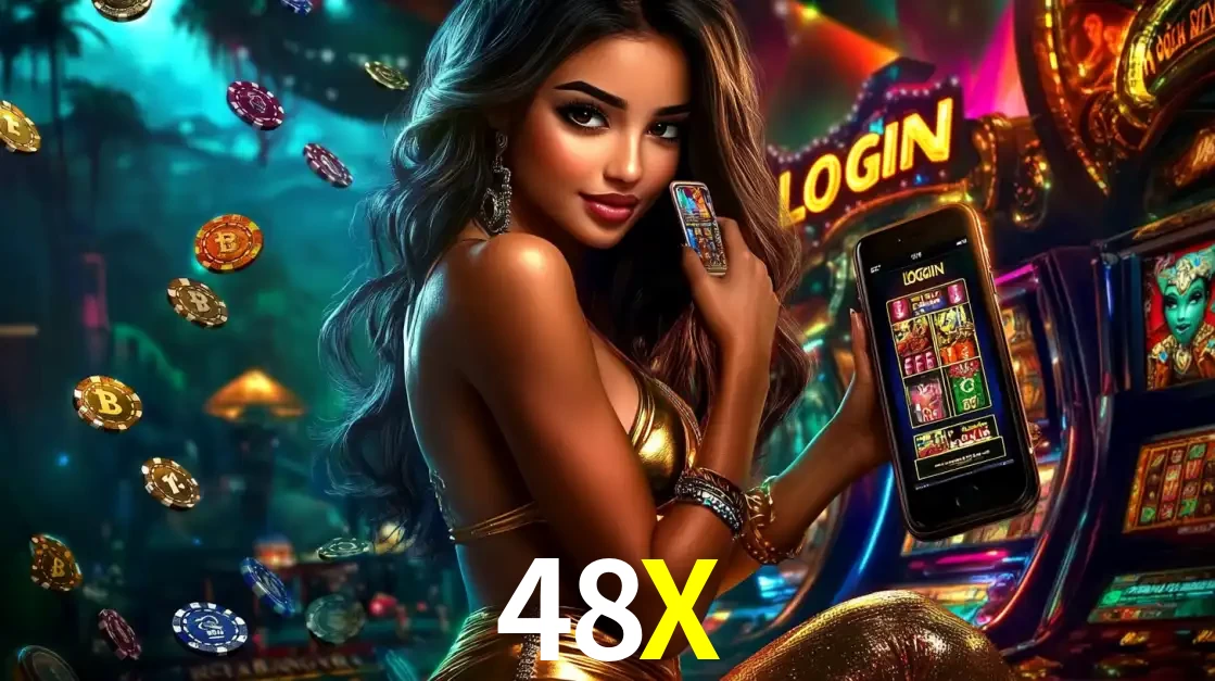 Mulher em um cenário de cassino temático de aventura, mostrando o app de caça-níqueis da 48X no celular. Fichas de apostas flutuam ao redor.