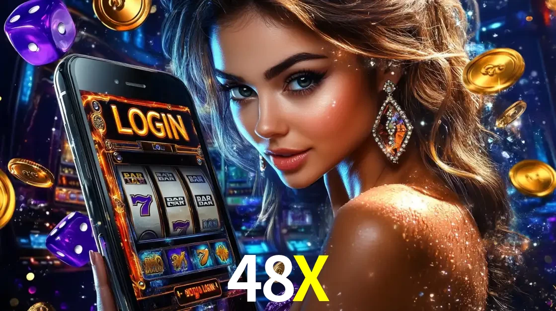 Mulher glamorosa segurando um smartphone com a tela de login para os jogos de caça-níqueis do cassino online 48X, com moedas de ouro e dados ao redor.