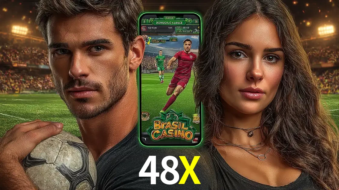 Homem segurando uma bola de futebol e uma mulher ao lado de um smartphone exibindo o jogo de apostas esportivas da 48X. Faça seu palpite no cassino online.